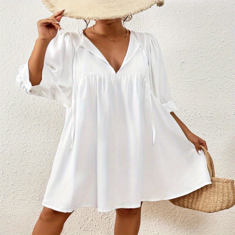 

Solid Color V Neck Loose Dress, Casual Lantern Sleeve Beach Dress For Summer, Women's Clothing