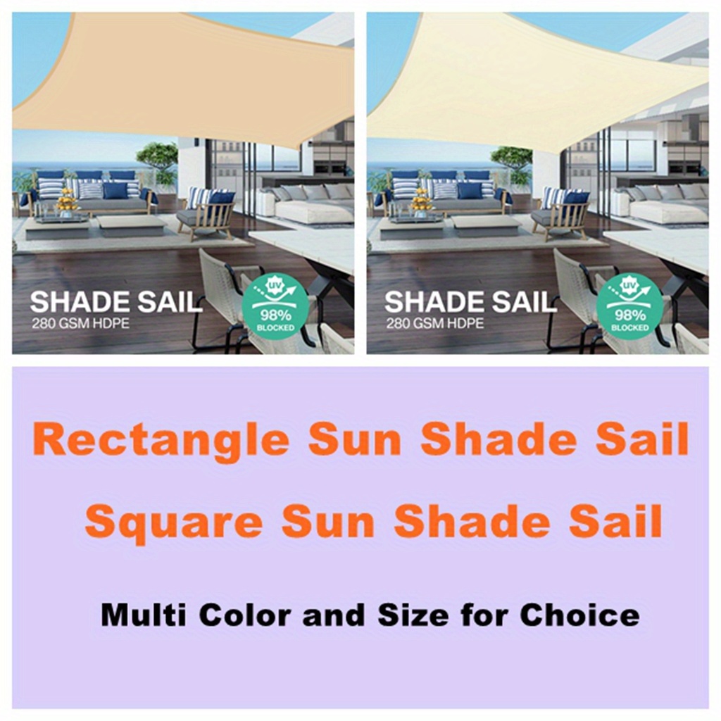 

1pc Rectangle/ Square Sun Shade Sail Outdoor Canopy Awning, 98% Uv Blockage, Waterprooft & Air Permeable, Multi-size&color For Choice