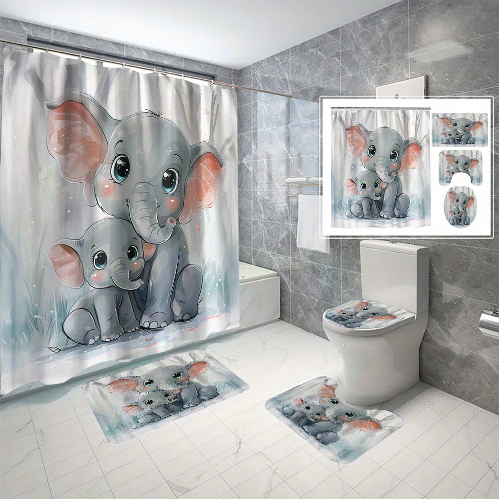 

Elephant Print Waterproof Polyester Shower Curtain With Hooks - Machine Washable, All-season Bathroom Decor, Available In 1pc/3pcs/4pcs Sets