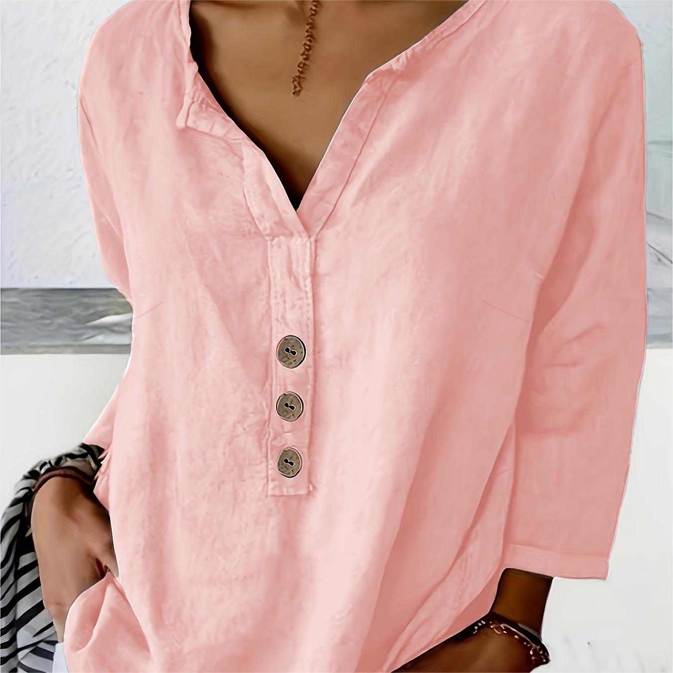 

Solid Color Notched Neck Shirt, Casual -quarter Sleeve Hem Shirt For Spring & Fall, Women's Clothing