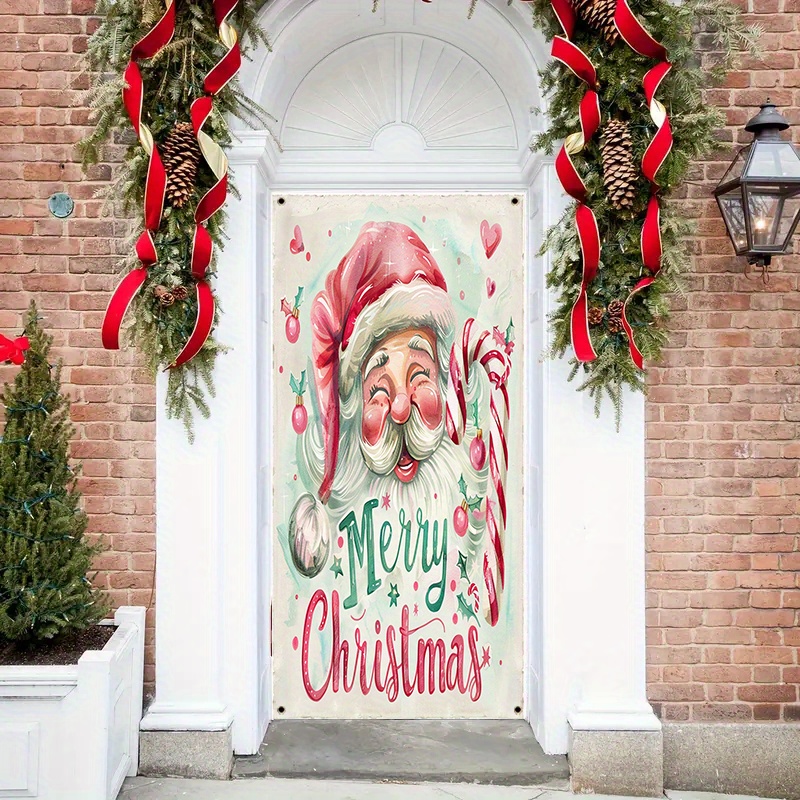 Decoración Navideña Para Puerta - Tela De 90x200 Cm Con Motivo De Papá Noel Y Reno, Incluye Pegatinas