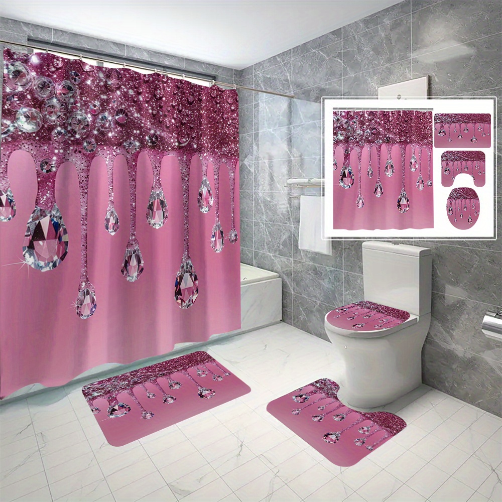 

1pc/3pcs/4pcs Pink Water Drop Digital Print Polyester Waterproof Shower Curtain Without Punching Partition Bathroom