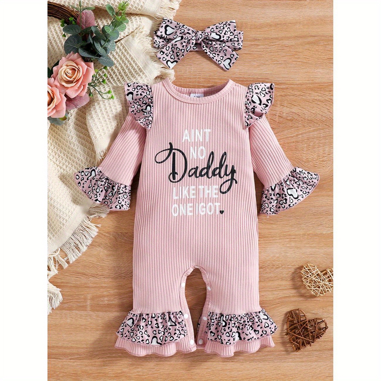 

0-18m Infant Baby Girls Fall Jumpsuit Letter Leopard Print O-neck Flare Sleeves Bodysuit And Headband 2pcs Outfits