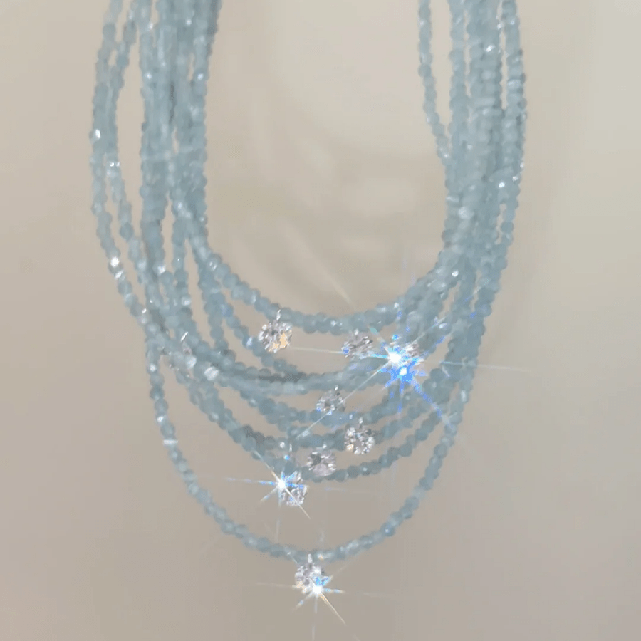 

Elegant Light Blue Zirconia Beaded Necklace - Sparkling Glass Chain With Crystal Accents, & Stylish For Casual Attire Or Gifting, Crystal Necklace