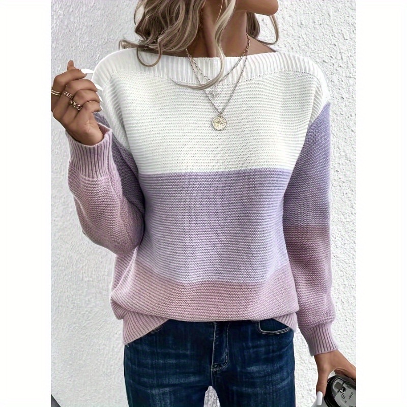 

Color Block Crew Neck Sweater, Casual Long Sleeve Sweater For Fall & Winter, Women's Clothing