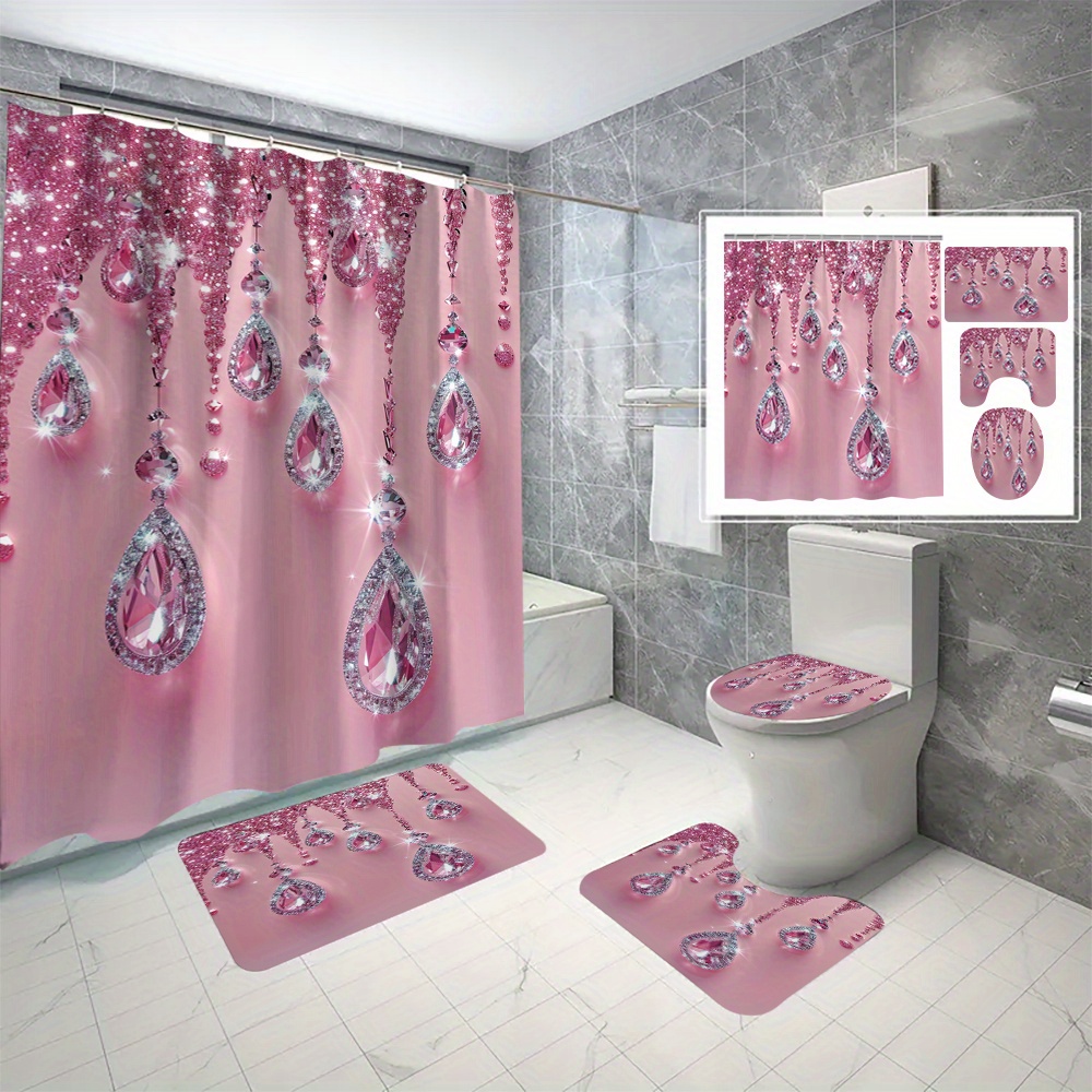 

1pc/3pcs/4pcs Sparkling Diamond Digital Print Polyester Waterproof Shower Curtain Without Punching Partitions For Bathroom