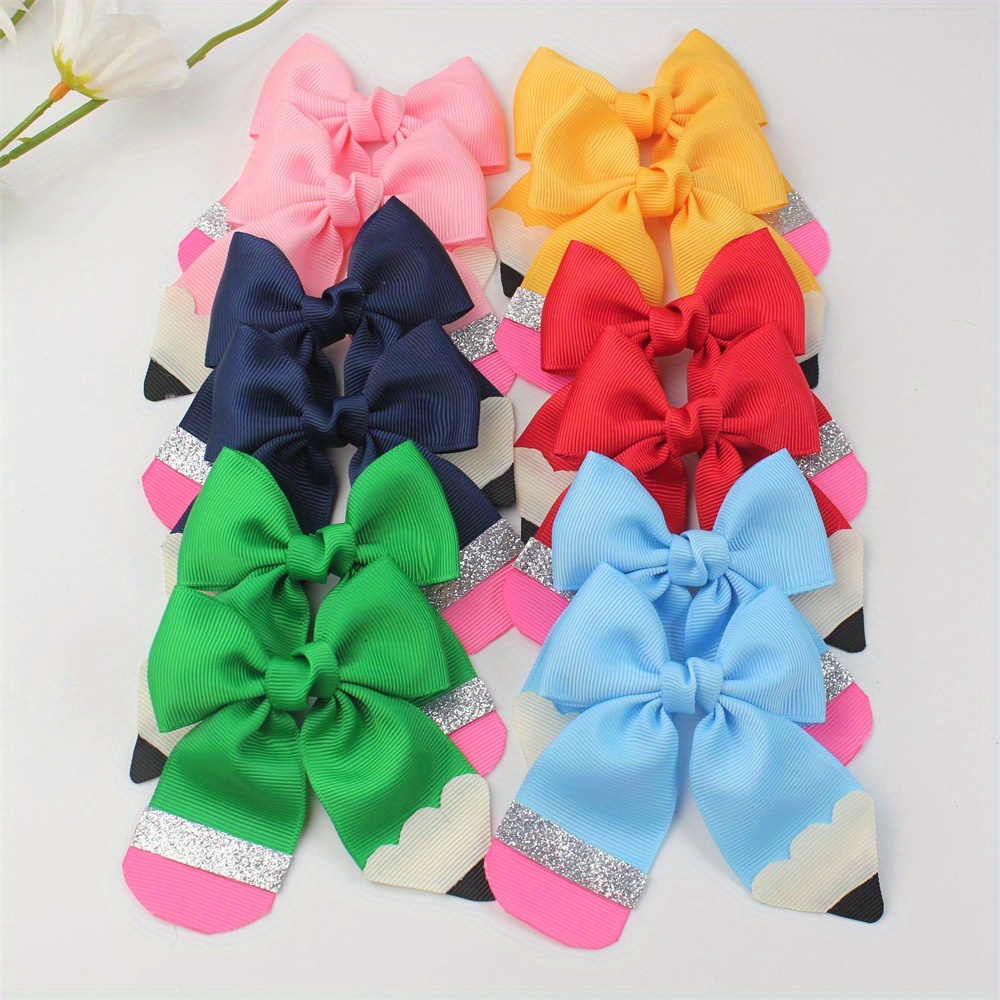

6 Pairs Cute Pencil Bow Hair Clip-soft Ribbon, Princess , Perfect Back To School Gift