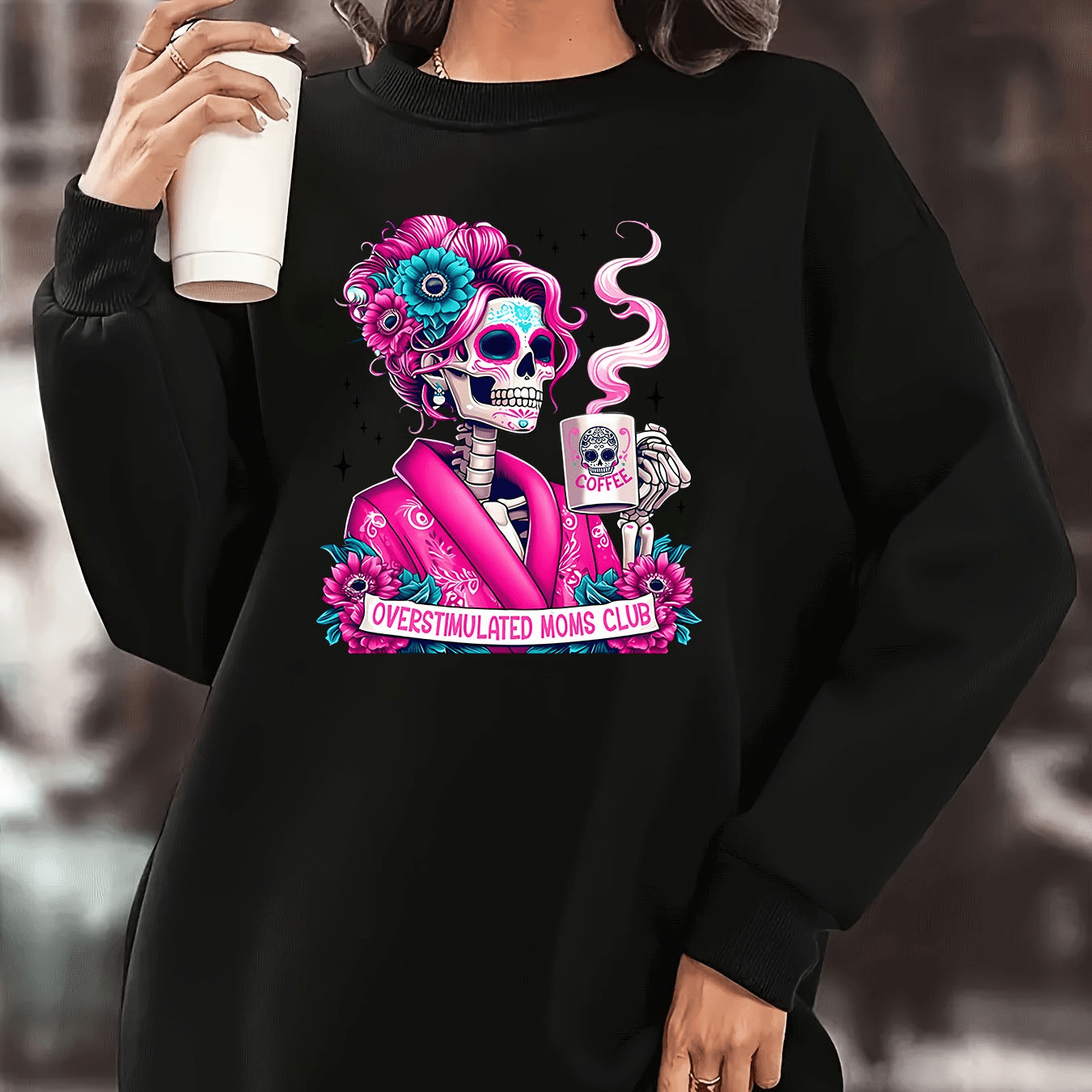 

Plus Size Cartoon Skull Print Sporty Dress, Women's Casual Long Sleeve Crew Neck Plush Lined Dress For Fall & Winter