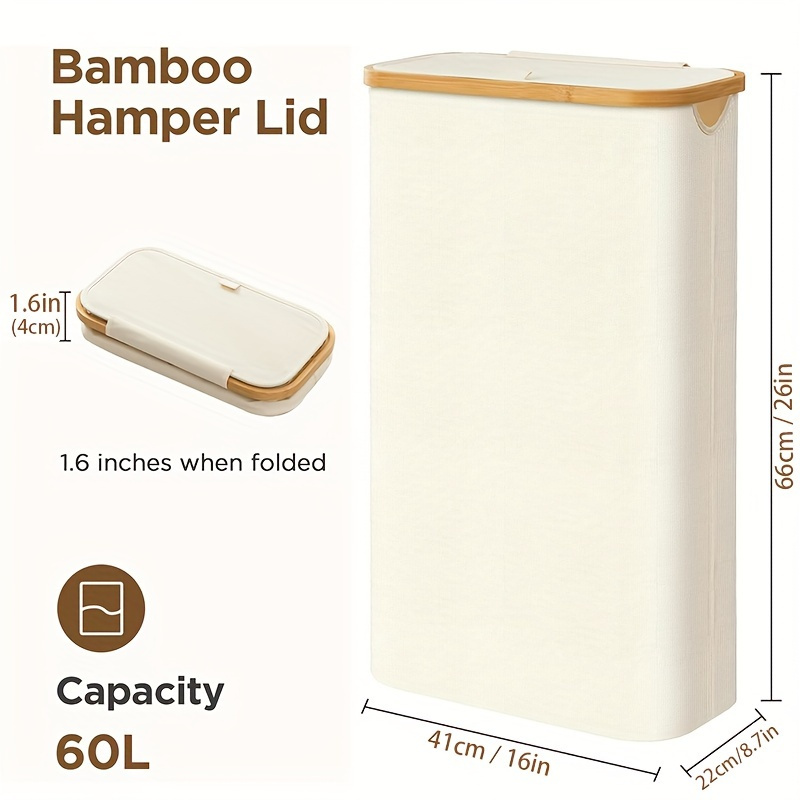 60l bamboo laundry hamper with lid foldable waterproof laundry basket with smooth handles ideal for home storage and organization accompanied by multiple components casual rectangle laundry hamper for   room types details 11