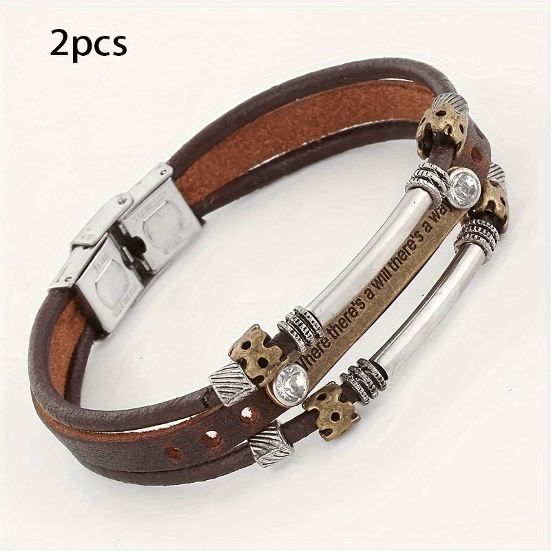 TEMU 2pcs Trendy Leather Rope Bracelets - Handcrafted Multilayer Wristband Style - Durable & Fashionable For Unisex