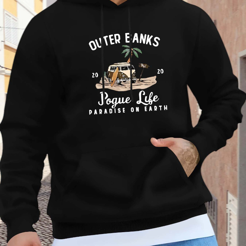 

Outer Banks Print, Men's Drawstring Long Sleeve Sweatshirt Hoodies With Kangaroo Pocket, Men's Comfy Casual Pullover Hoodies, Trendy Tops For Daily Wear