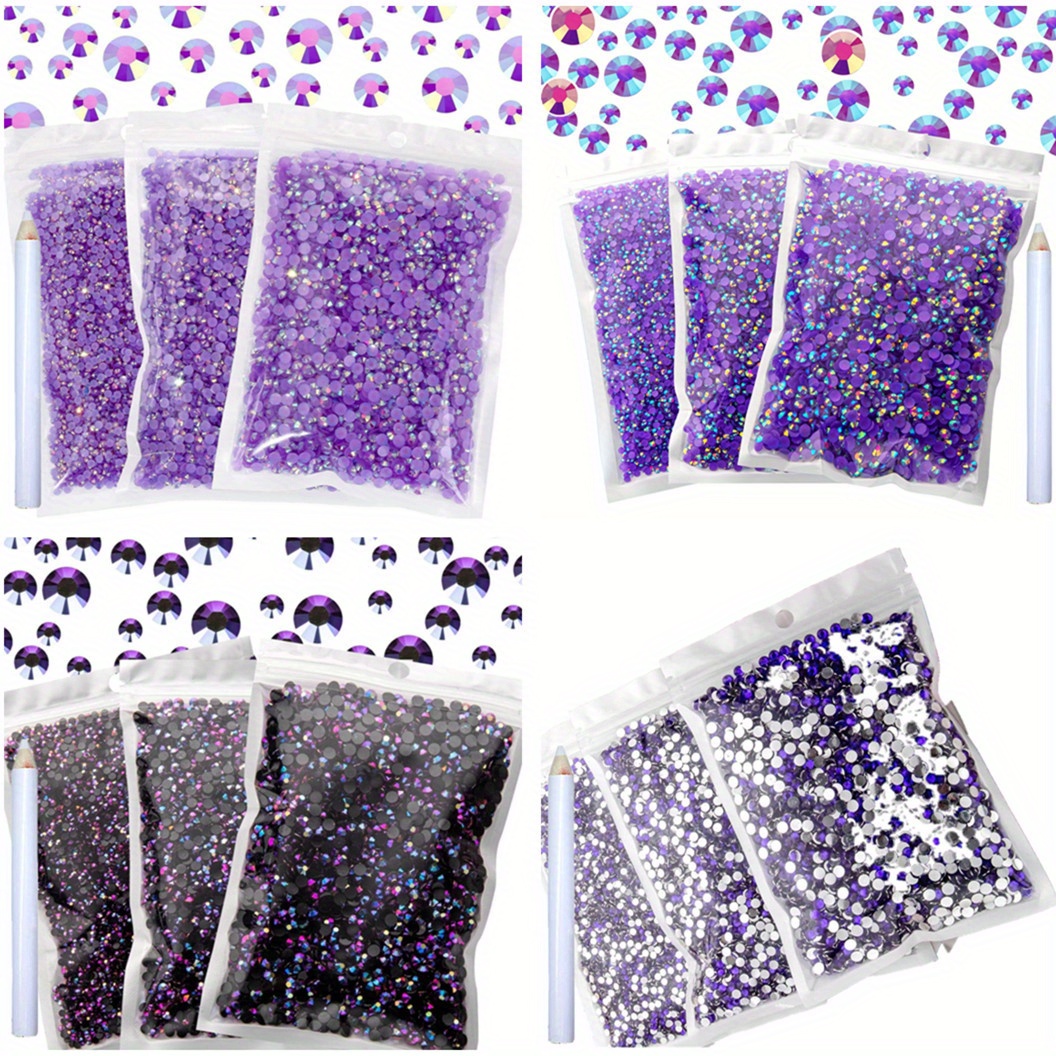 

3 Bags Of Dark Purple Ab 2-5mm Flat Back Resin Jelly Rhinestones Beads With Wax Pen - Non-hotfix For Diy Nail Art, Face Makeup, Shoes, Clothes, Bags, And Decorative Accessories