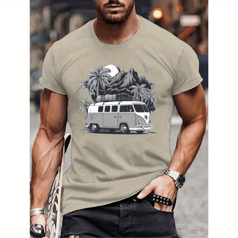 

Vintage Van With Luggage Print Tee Shirt, Men's Casual Round Neck Short Sleeve T-shirt, Versatile Outdoor Comfy Top For Summer