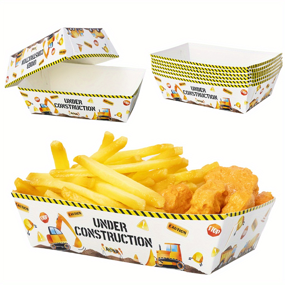 

6/12pcs Construction Theme Food Trays Excavator Bulldozer Fries Paper Tray For Birthday Party Decorations Supplies Snack Box, Snacks Serving Plates Taco Holders