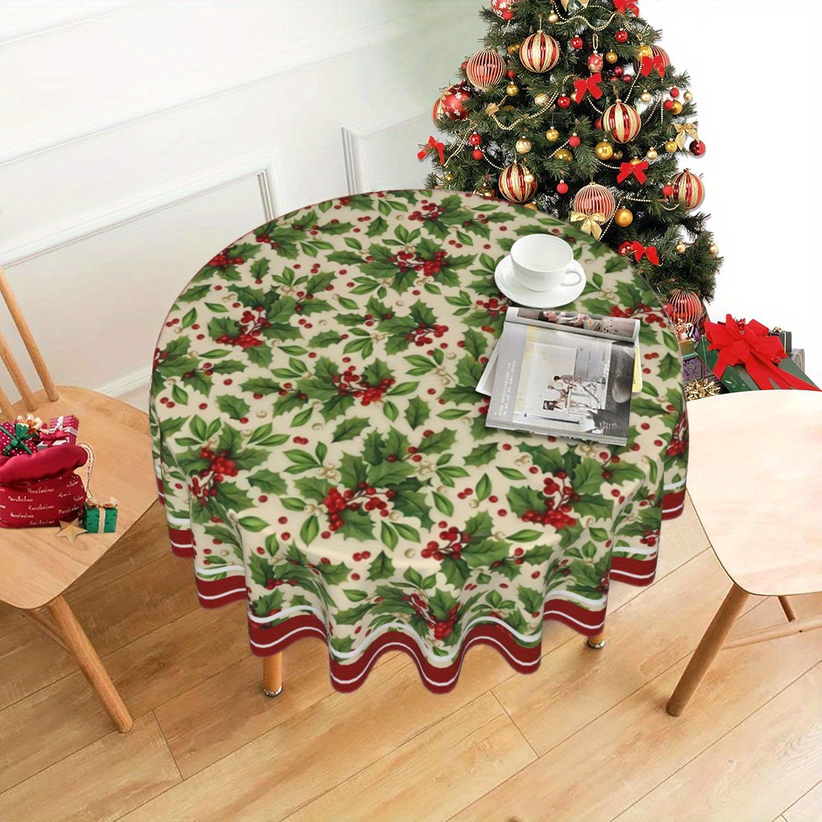 

Christmas Cheer Round Tablecloth - Design, Stain-resistant & Washable Microfiber, Holiday Parties & Home Decor, Ideal Gift