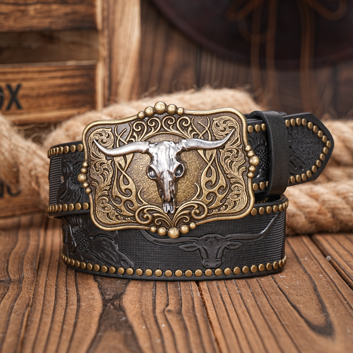 小物 used western belt Vintage Western-Cowboy-Belt for Women Men - Carved Buckle PU