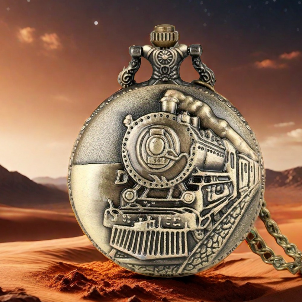 TEMU Bronze Train Engine Carved Steampunk Gears Quartz Pocket Watch Pendant Clock Necklace Chain Gifts Christmas Present