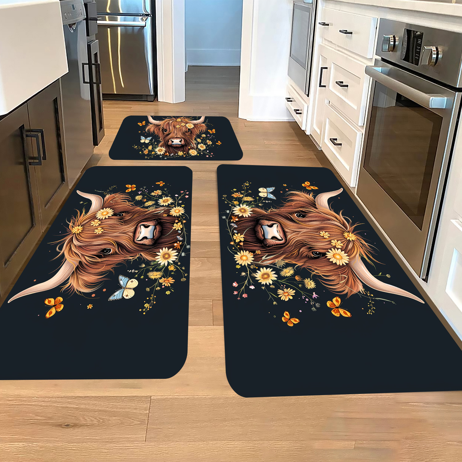 

Highland Cow Floral Kitchen Mats 3pc Set - Non-slip Absorbent Polyester Area Rugs For Room, Bedroom, Indoor - Easy Clean Machine Washable Flannel Runner Carpets