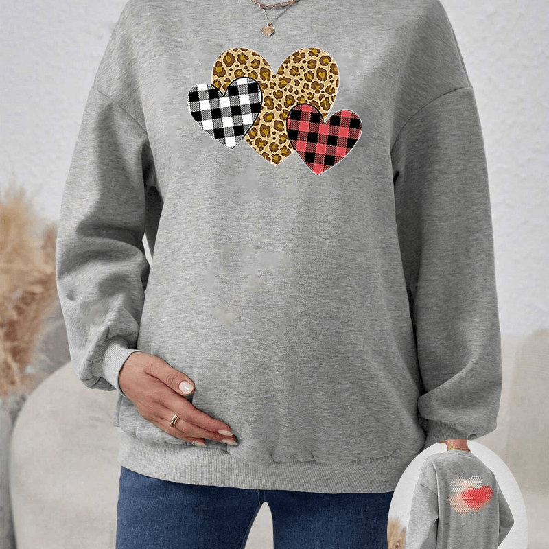 

Leopard Heart Pattern Print Maternity Long Sleeve Split Sweatshirt, Pregnancy Casual Tops