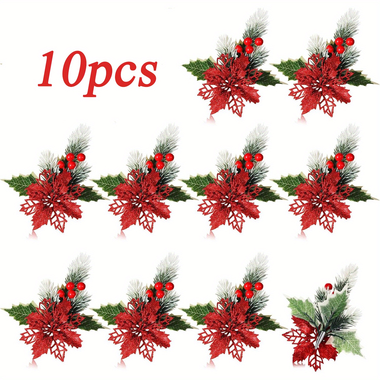 

10 Pack Sparkling Artificial Poinsettia Flowers With Berries And Pine Needles - Plastic Christmas Floral Decorations For Holiday, Thanksgiving, Valentine's Day, Graduation - Clip-on, No Container