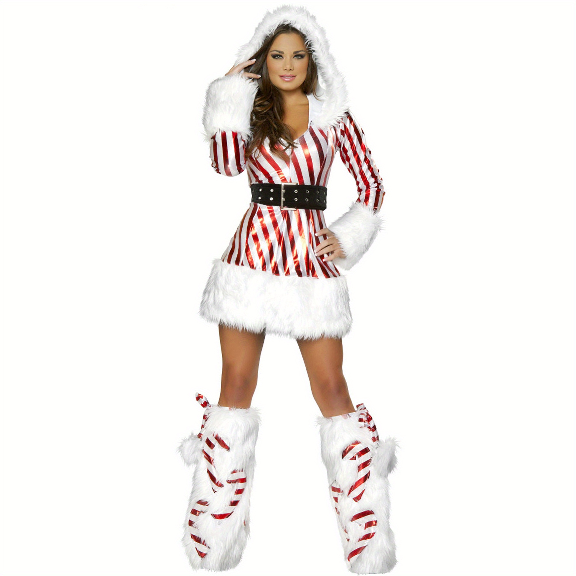 

Women Christmas Mini Dress Set, Long Sleeve Hooded Striped Dress + Belt + Leg Warmers