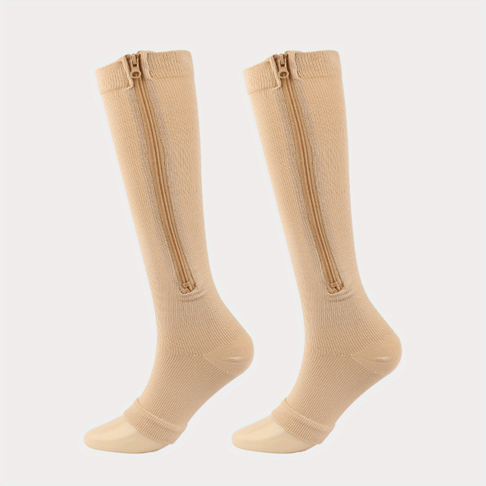 TEMU A Pair Of Open-toe Knee-high Compression Socks With A Convenient Side Zipper, Made Of Fabric. Suitable For Office Work, Travel, Home, And Daily