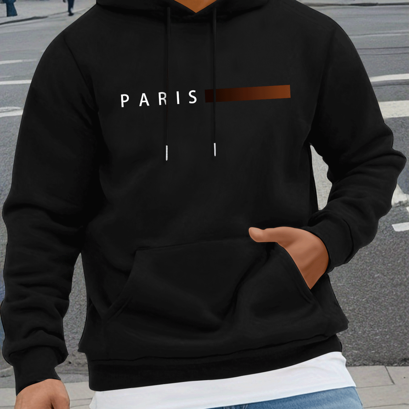 

Paris Simple Chest Pattern Print, Men's Casual And Cozy Hoodies, Trendy Long Sleeve Hooded Sweatshirt, Casual Versatile Top For Autumn Winter