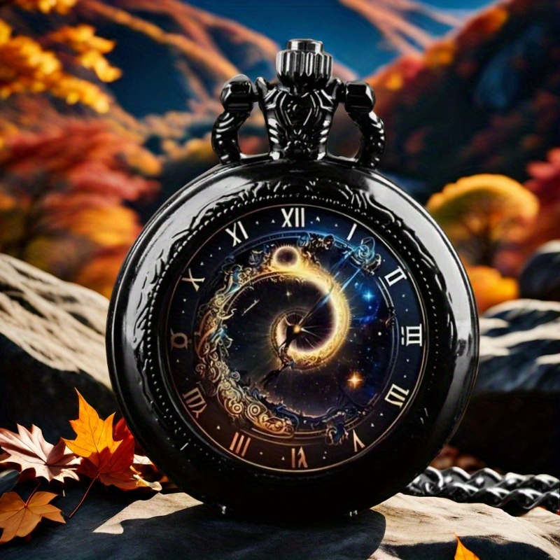TEMU A Vintage-style Round Quartz Pocket Watch With A Spiral Design And Roman , Featuring A Dial, Perfect As A Unique Gift For New Year, Christmas,