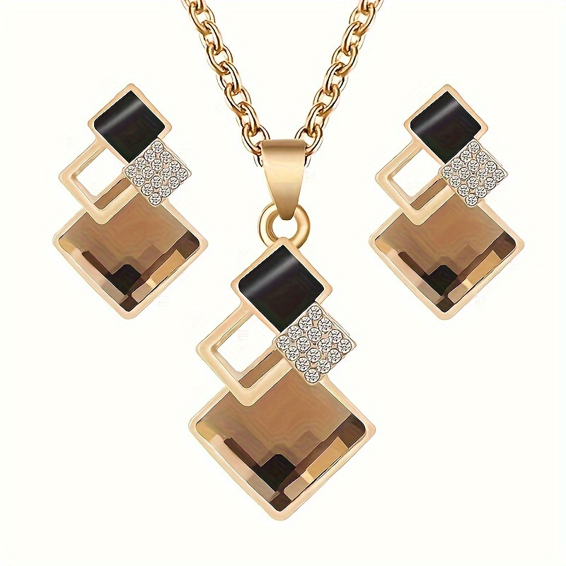 

1 Pair Of Earrings+1 Necklace Vintage Jewelry Set With Sparkling Square Design And Multiple Colors For You To Choose From And Match With Daily Clothing And Party Decorations