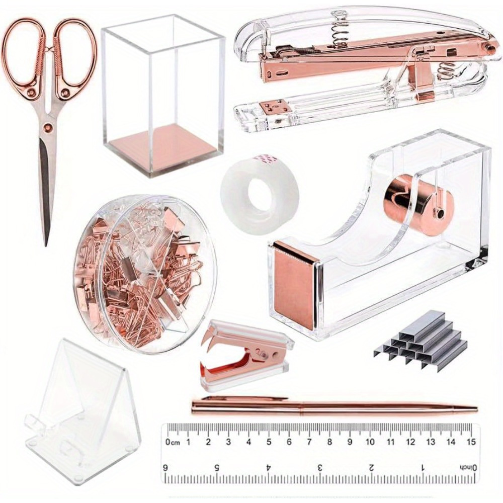 

Sharkwoods Rose Gold Office Supply Set Including Acrylic Stapler, Staple Remover, Phone Holder, Tape Dispenser, Pen Holder, Ballpoint Pen, Scissors, Binder Clips, Ruler, Transparent Glue, And