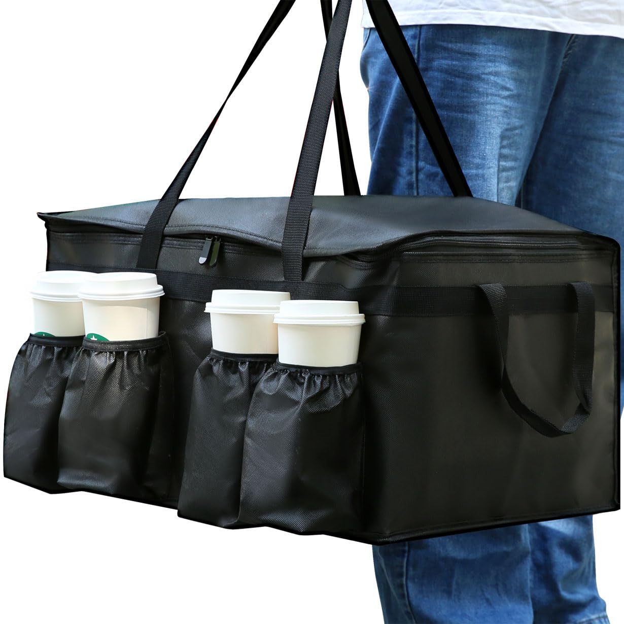 

1pc Insulated Food Delivery Bag For , 22.8x14x15 Inch With Cup Holders/drink Carriers, Premium Xxxl - Ideal For Beverages, Grocery, Pizza - Commercial Quality Hot And