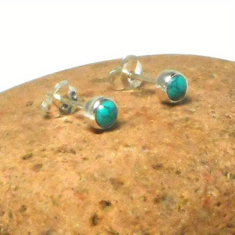 TEMU 1 Pair Of Synthetic Turquoise Round Silvery Gemstone Stud Earrings, Bohemian Ethnic Style Versatile Earrings For Men And Women