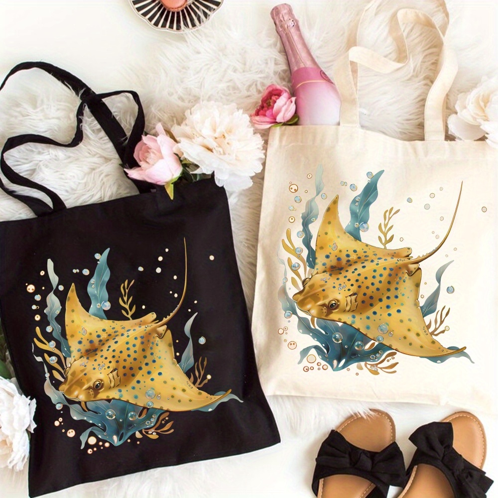 

Chic Ocean-inspired Canvas Tote Bag With Design - Large Capacity, Shoulder Handbag For