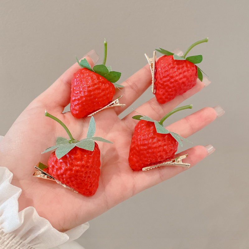 

4-piece Set Strawberry Hair Clips For Women, Alloy Oval-shaped Elegant Barrettes With Solid Color, Minimalist Fun Side Bangs Hairpin, 3d Sweet Fashion Hair Accessories For Students, Age 14+