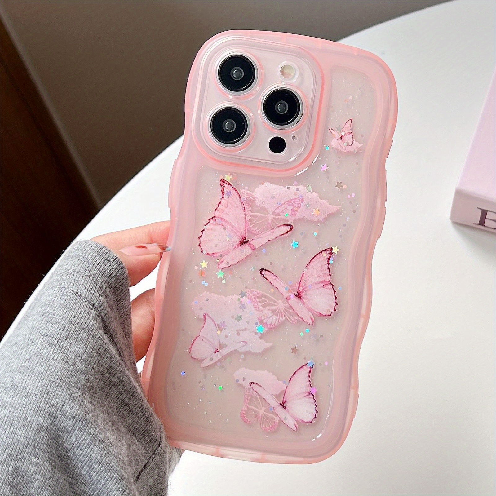 TEMU Phone Case - Ins Bling Bling Pink Starry Sky Painted Irregular Wavy Edge Anti-drop Phone Case For Iphone 18 18 Pro 18 Pro Max Air 17 Pro 17 Pro