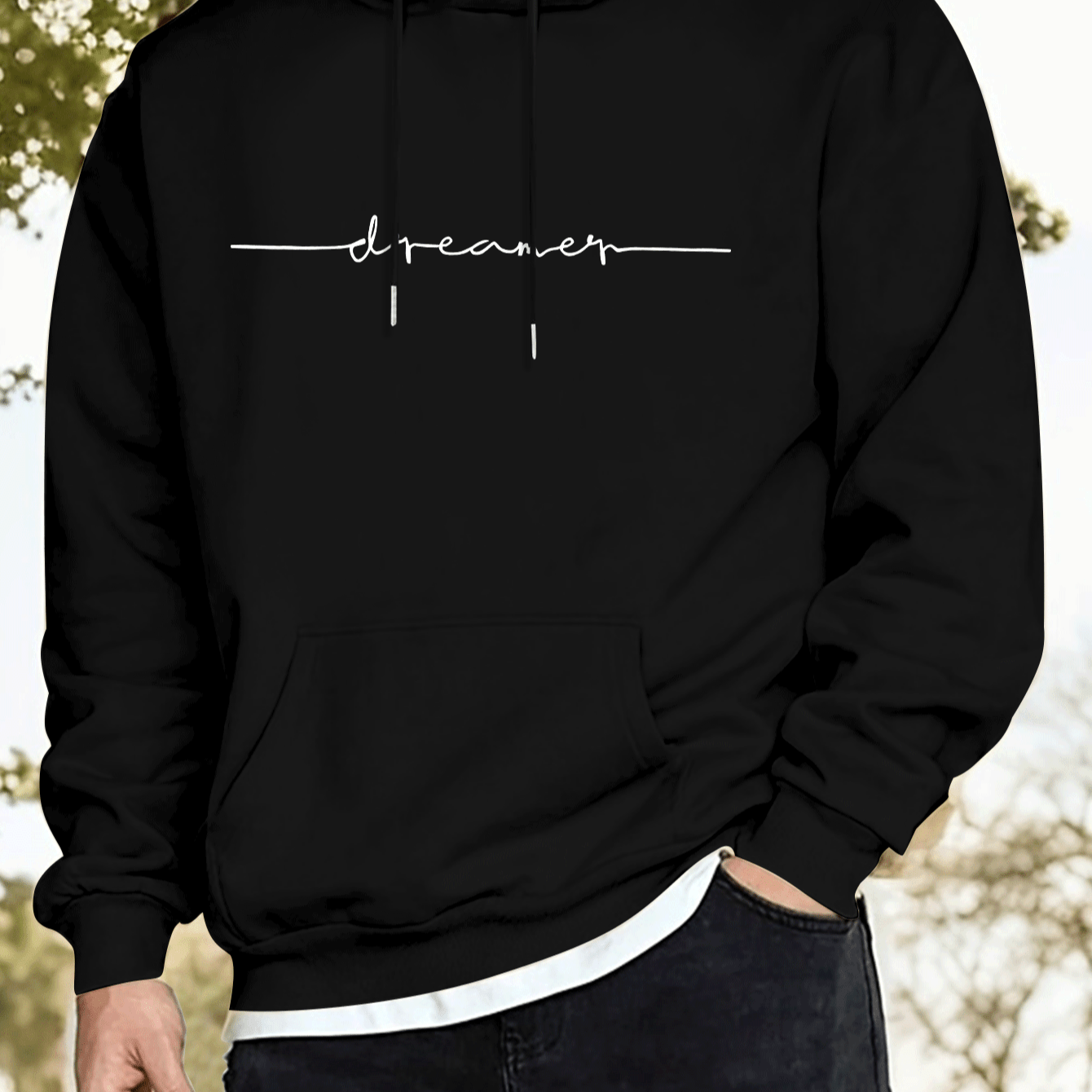 

Straight Line Letter Dream Print, Men's Casual And Cozy Hoodies, Trendy Long Sleeve Hooded Sweatshirt, Casual Versatile Top For Autumn Winter