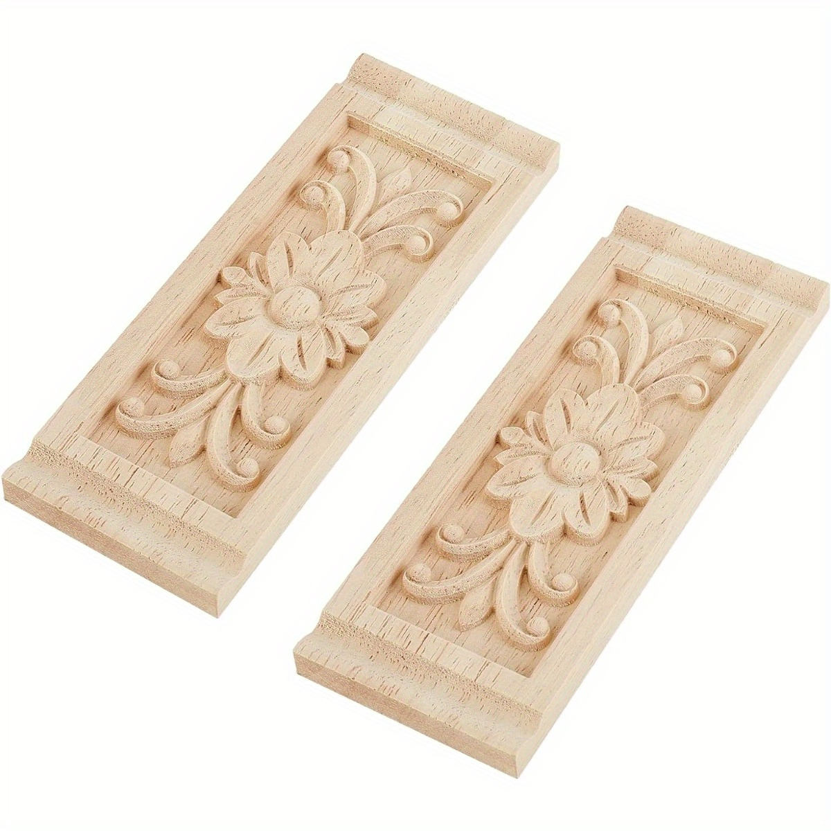 

2- Floral Wood Carving Decals - Unpainted Solid Wood Appliques For Furniture, Doors & Walls - Wall Mount Easter Decor