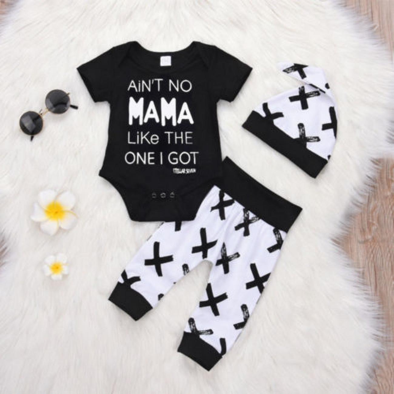 

3pcs Newborn Outfit Set For - Short Sleeve Romper With Cute Print Pants & Matching Hat, Letter Romper, Fashion Outfits Sets, Style, Version, Spring/autumn, Outdoor