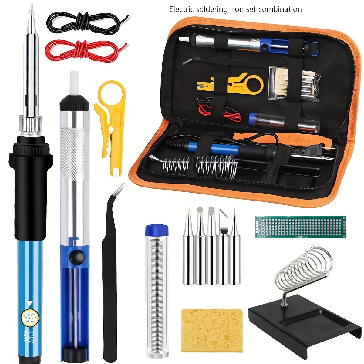 

60w 110v Soldering Iron Kit With Adjustable Temperature (200-450°c), 5 Tips, Solder Wire, , Holder, Tweezers & Storage Bag - Us Plug