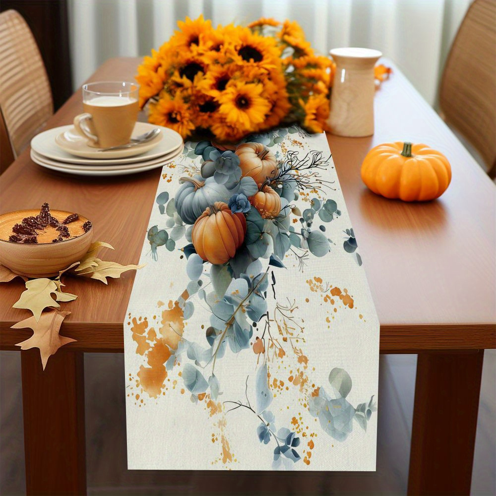 

Autumn-themed Table Runner With Pumpkin And Eucalyptus Leaf Patterns - Suitable For Home Dining, Restaurant, Room, And Holiday Party Decorations