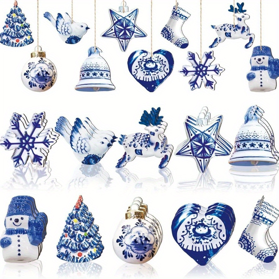 

20pcs Antique Style Wooden Christmas Ornaments Set, Blue And White Porcelain Pattern, Non-electric Hanging Decorations With Snowflakes, Birds, Deer, And For Christmas Holiday Decoration