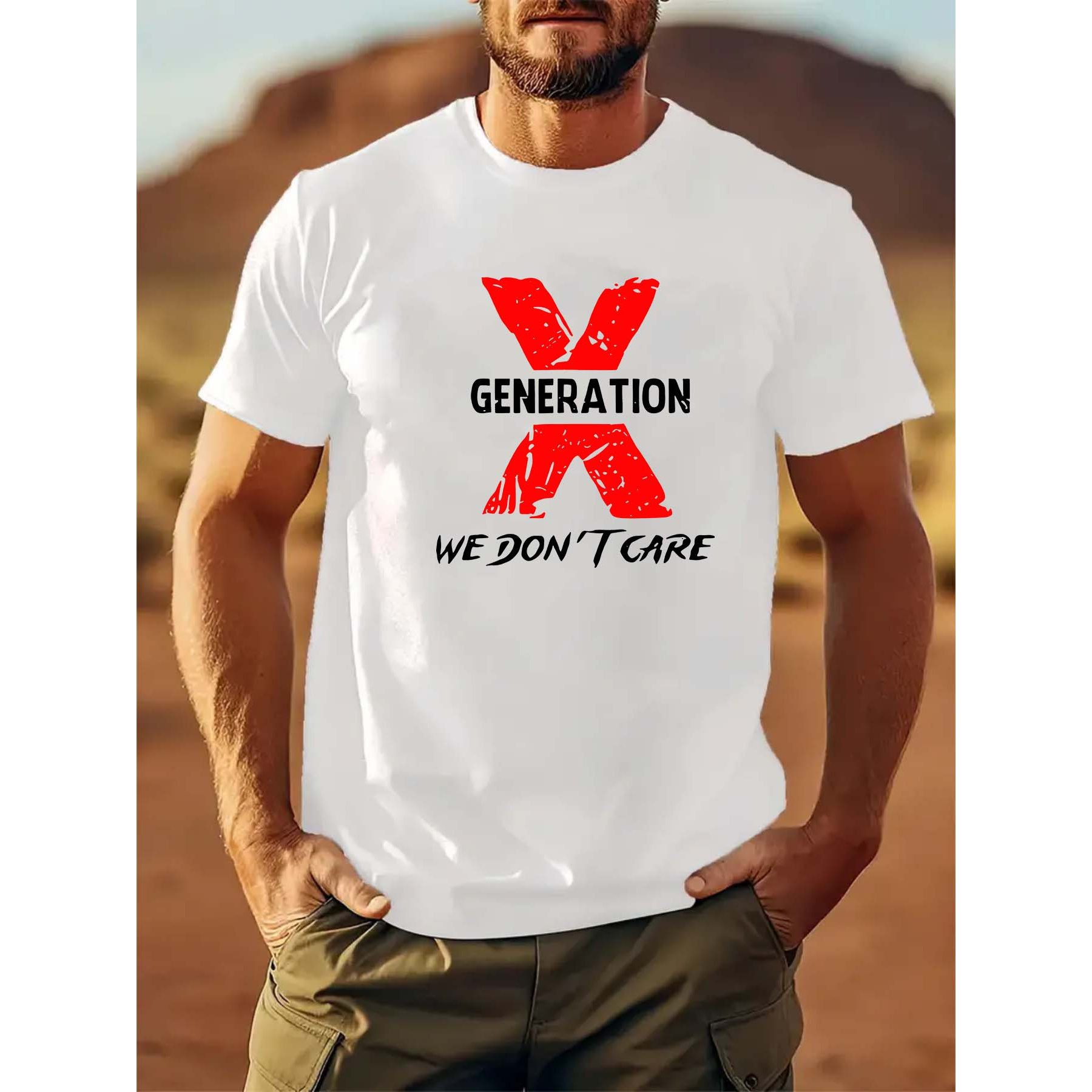 

We Don't Care Print Men's Regular Fit T-shirt, Breathable Lightweight Outdoor Tops For Workout & Daily , Best Summer , As Gifts