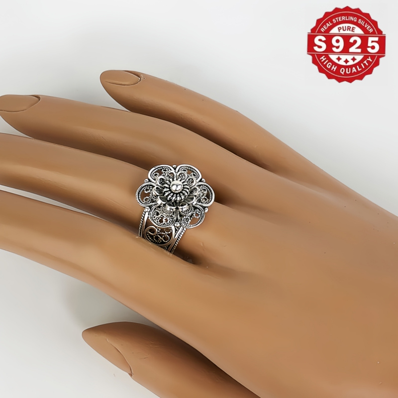 925 sterling silver daisy flower ring handmade   floral ornate statement jewelry oxidized and polished gift   for her details 7