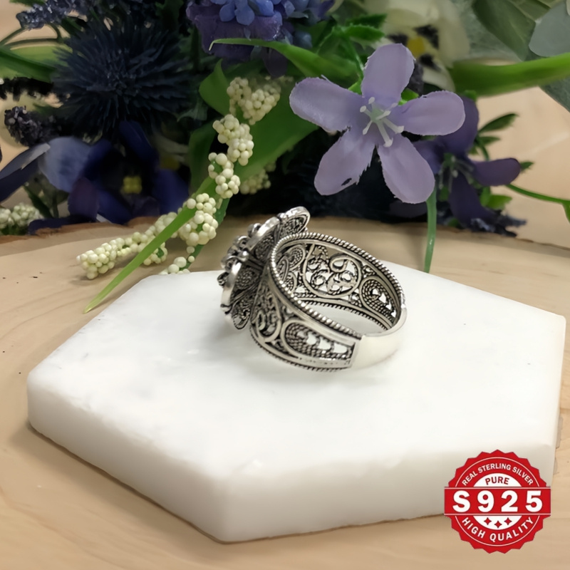 925 sterling silver daisy flower ring handmade   floral ornate statement jewelry oxidized and polished gift   for her details 2