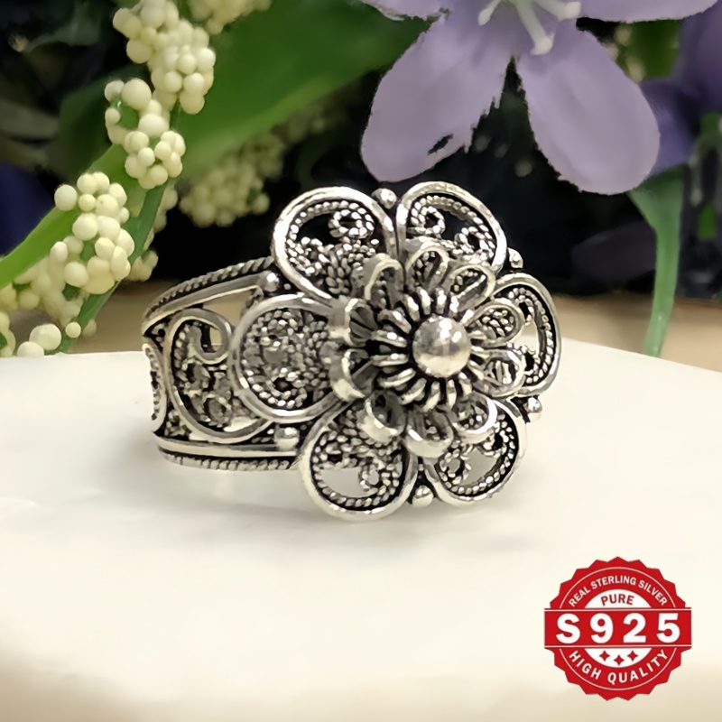 925 sterling silver daisy flower ring handmade   floral ornate statement jewelry oxidized and polished gift   for her details 0