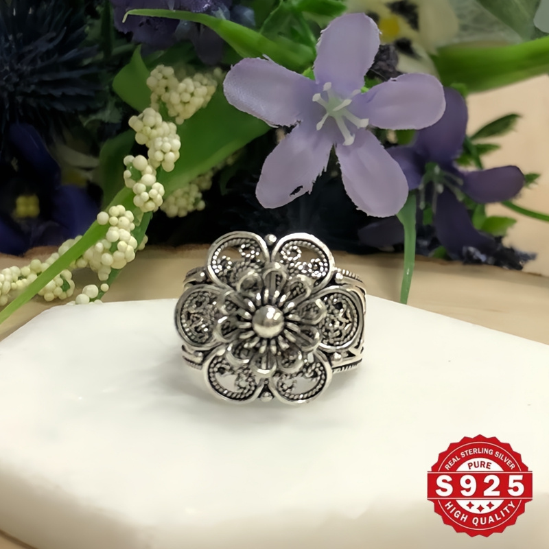 925 sterling silver daisy flower ring handmade   floral ornate statement jewelry oxidized and polished gift   for her details 1