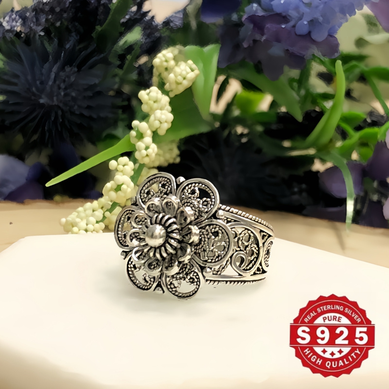 925 sterling silver daisy flower ring handmade   floral ornate statement jewelry oxidized and polished gift   for her details 5