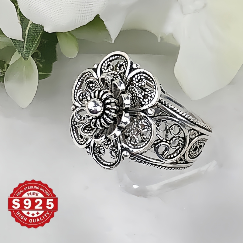 925 sterling silver daisy flower ring handmade   floral ornate statement jewelry oxidized and polished gift   for her details 6