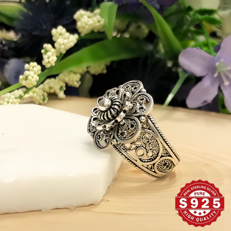 925 sterling silver daisy flower ring handmade   floral ornate statement jewelry oxidized and polished gift   for her details 3