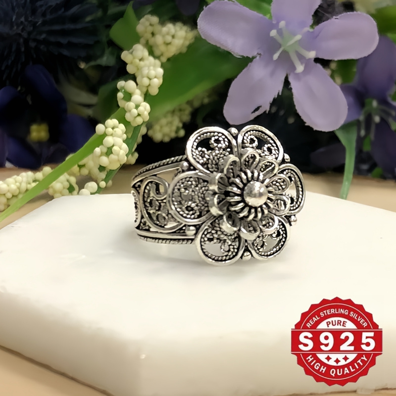 925 sterling silver daisy flower ring handmade   floral ornate statement jewelry oxidized and polished gift   for her details 8